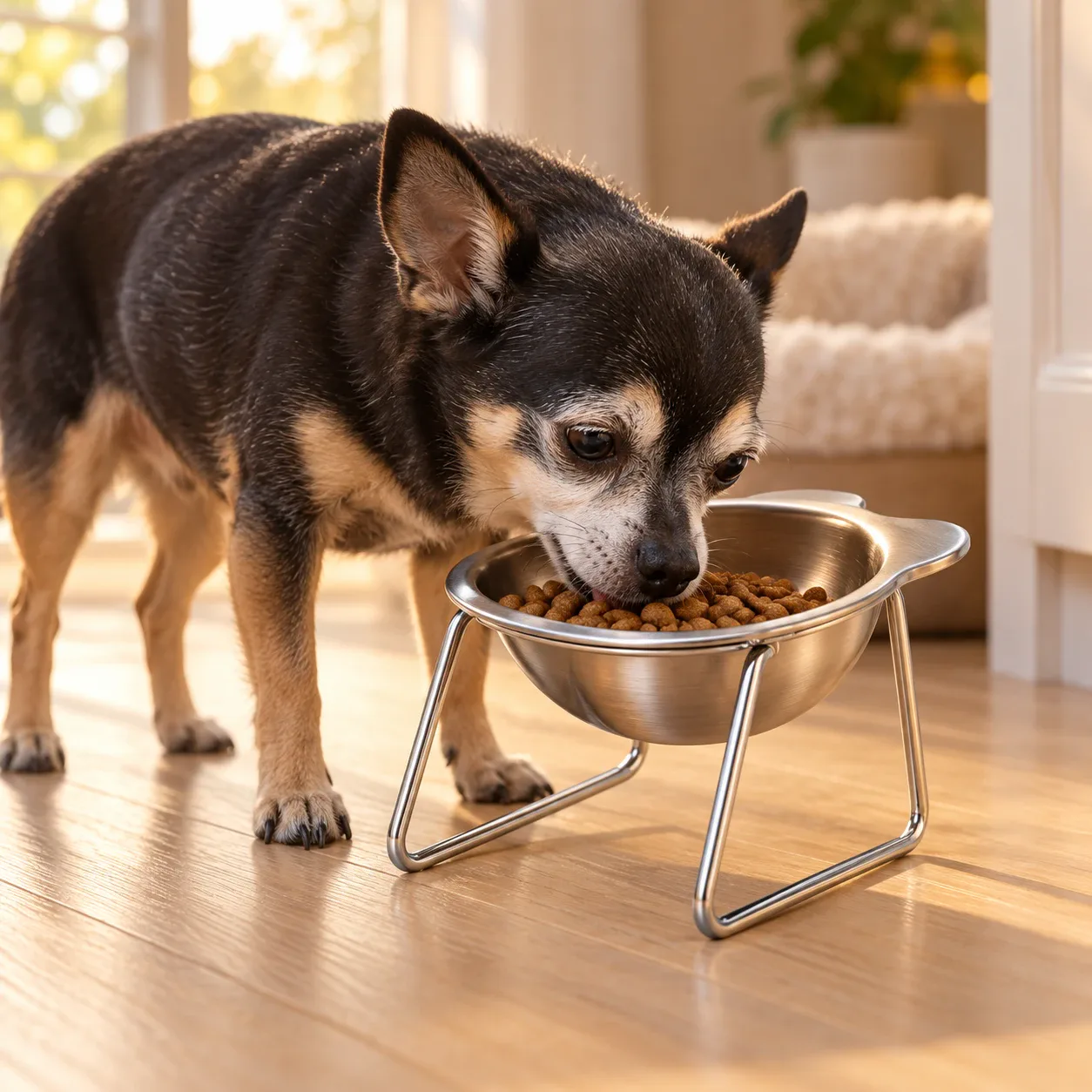 A grey-muzzled senior dog eating from the tilt bowl